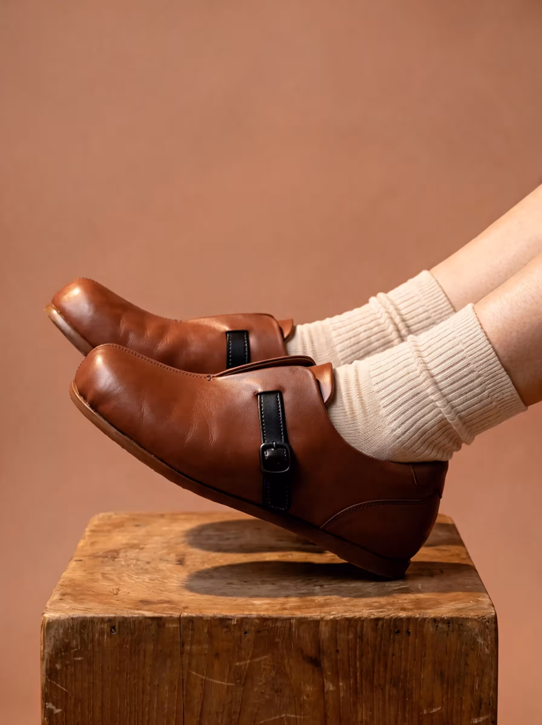 Hands holding a contoured insole against a bare foot