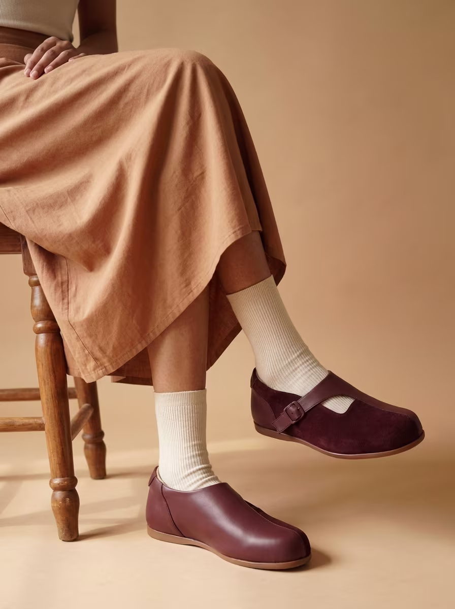 A suede shoe resting on a lattice of pale rods