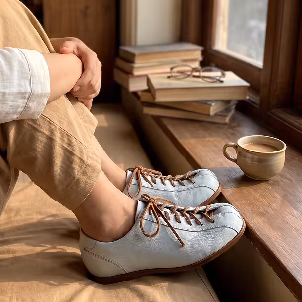 Powder blue Kaalcari Chaal shoes on a window seat beside books and tea